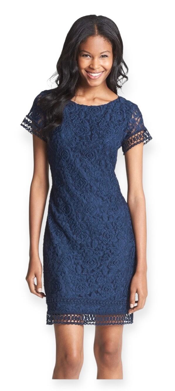 Laundry by Shelli Segal Blue Lace Sheath Dress 4P Keyhole Back Style 15600